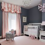 baby room striped drapes in pink and white enliven traditional nursery in gray  [design: IQSXBPV